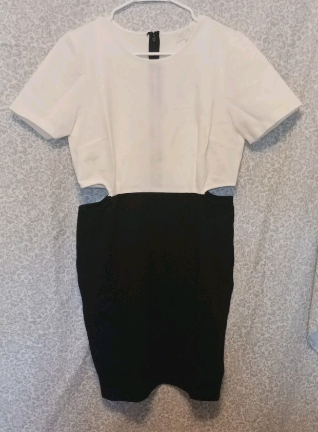 Forever 21+ Ivory/Black Colorblock A-Line Crew Neck Short Sleeve Short Dress XL