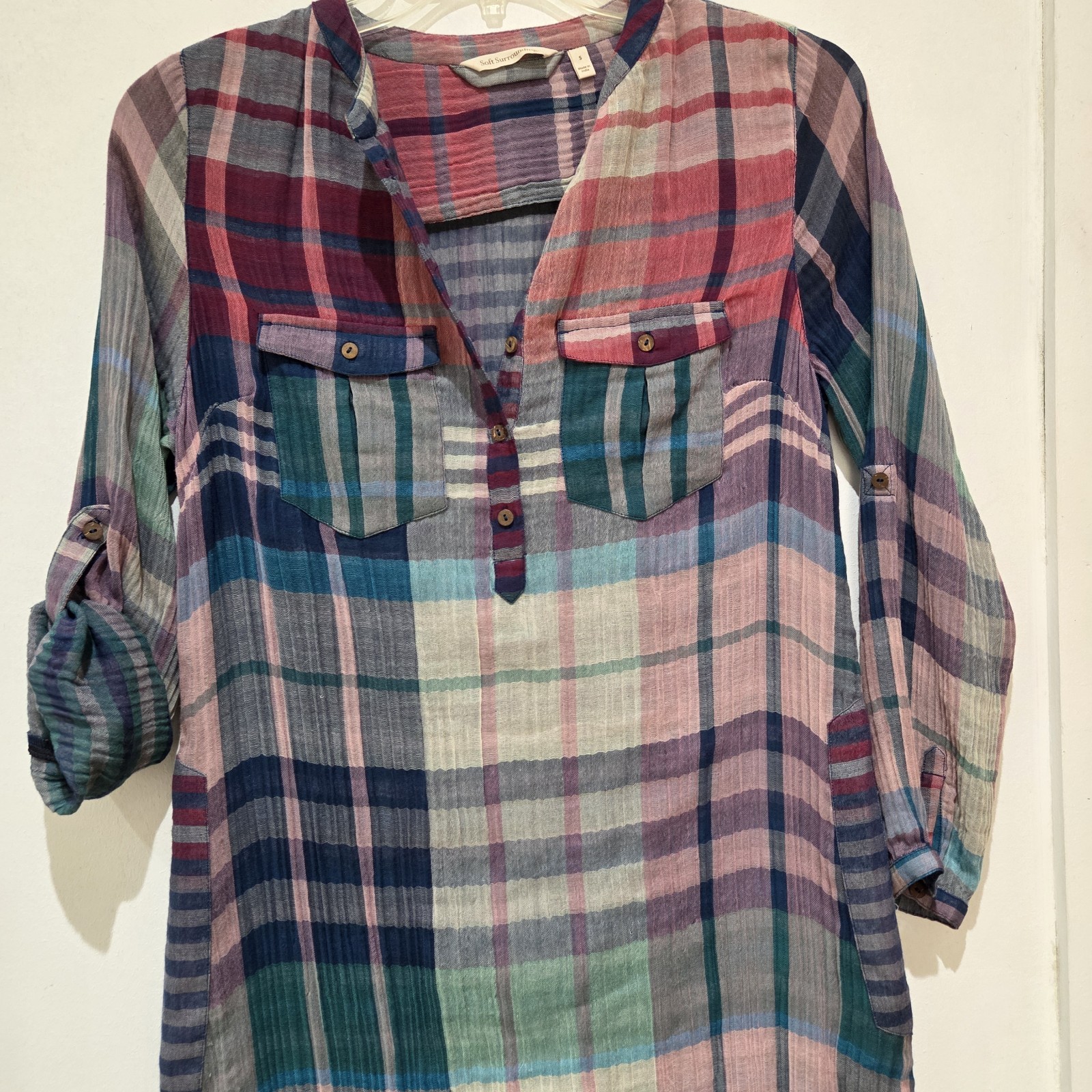 Soft Surroundings Thin Gauze Cotton Plaid Maxi Dress Popover Small Multicolor
