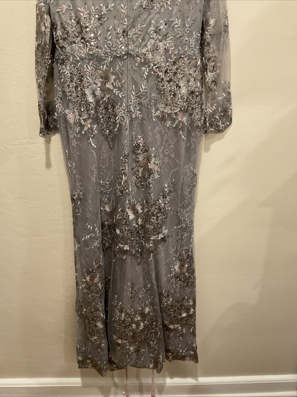 Mac Duggal 67539 Sz 12 Platinum Gray Floral Embroidered Embellished Gown $698