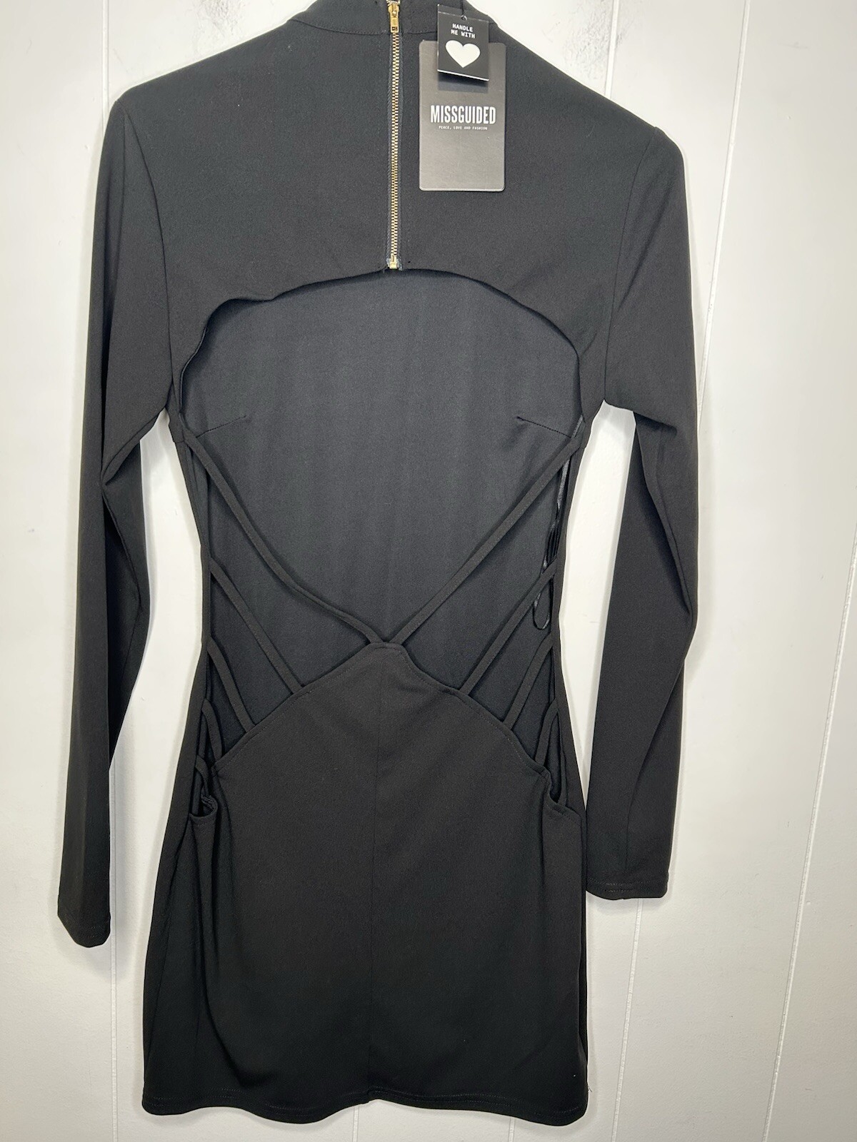 Missguided Open Back Sheath Dress Women’s Size 12 Black Mock Turtleneck Stretch