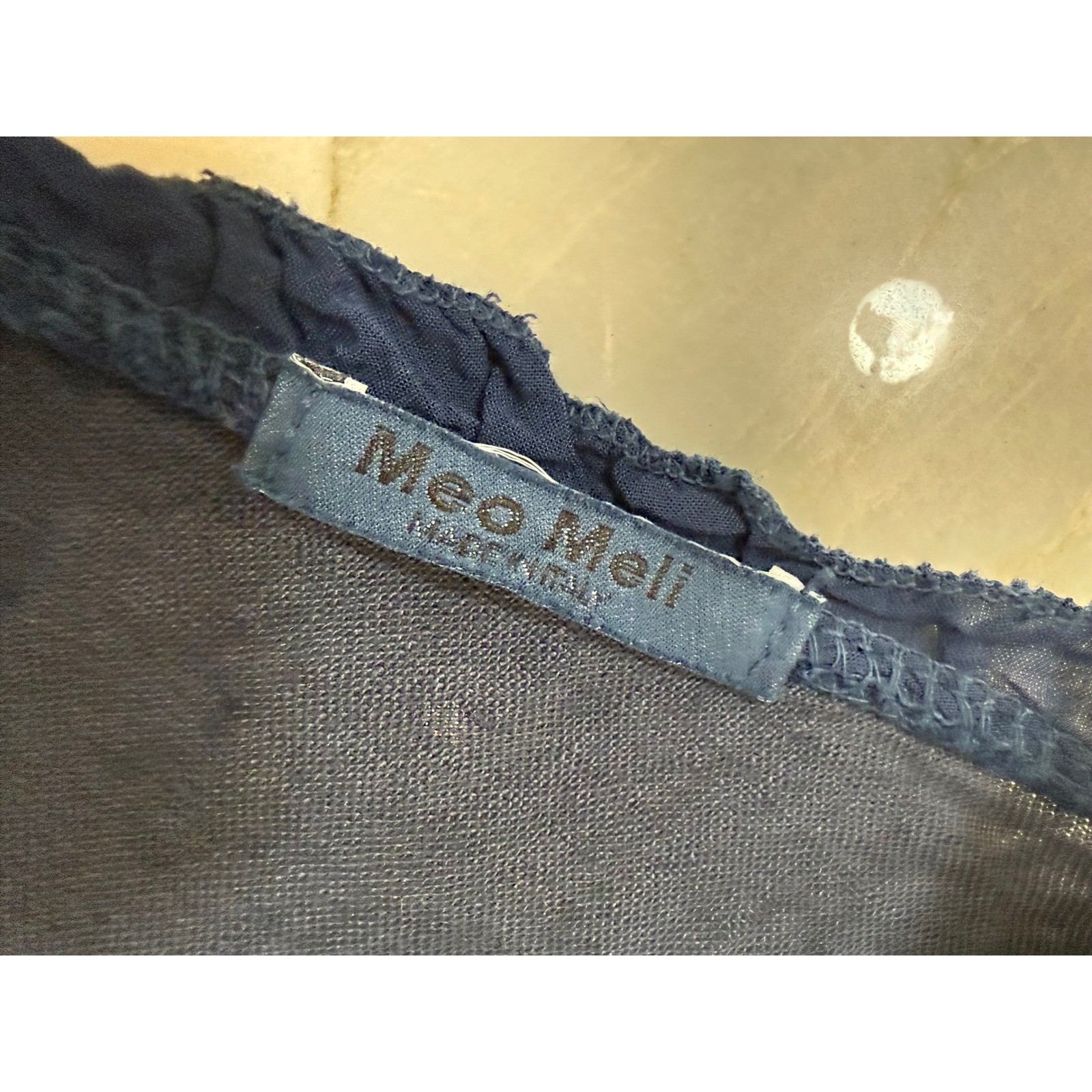 Meo Meli Italy Navy 100% Linen Ruffle Trim V-Neck A-Line Midi Dress One Size