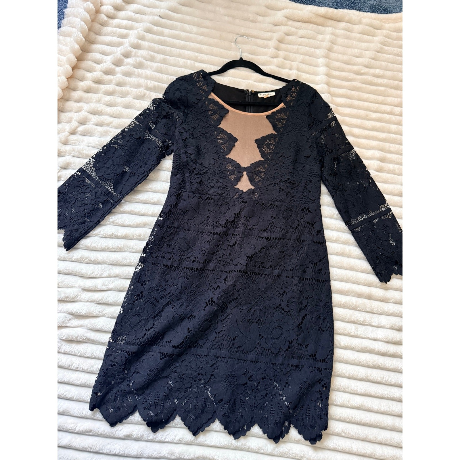 For Love & Lemons GUC Black Lace Noir Mini Dress L Nude Mesh Cutout Long Sleeve