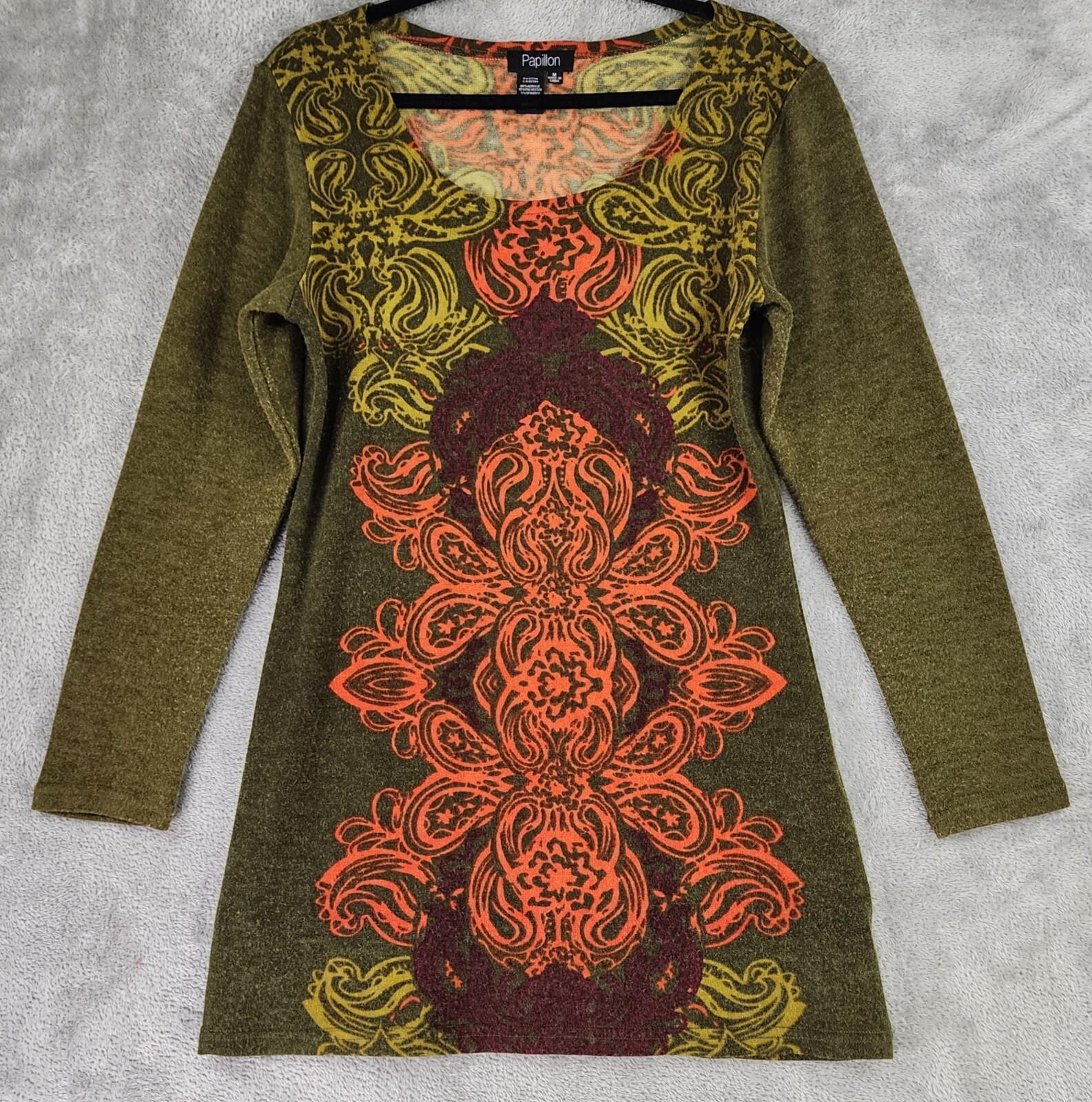 Papillon Sweater Dress Womens Medium Green Paisley 3/4 Sleeve Boho Hippie Mini