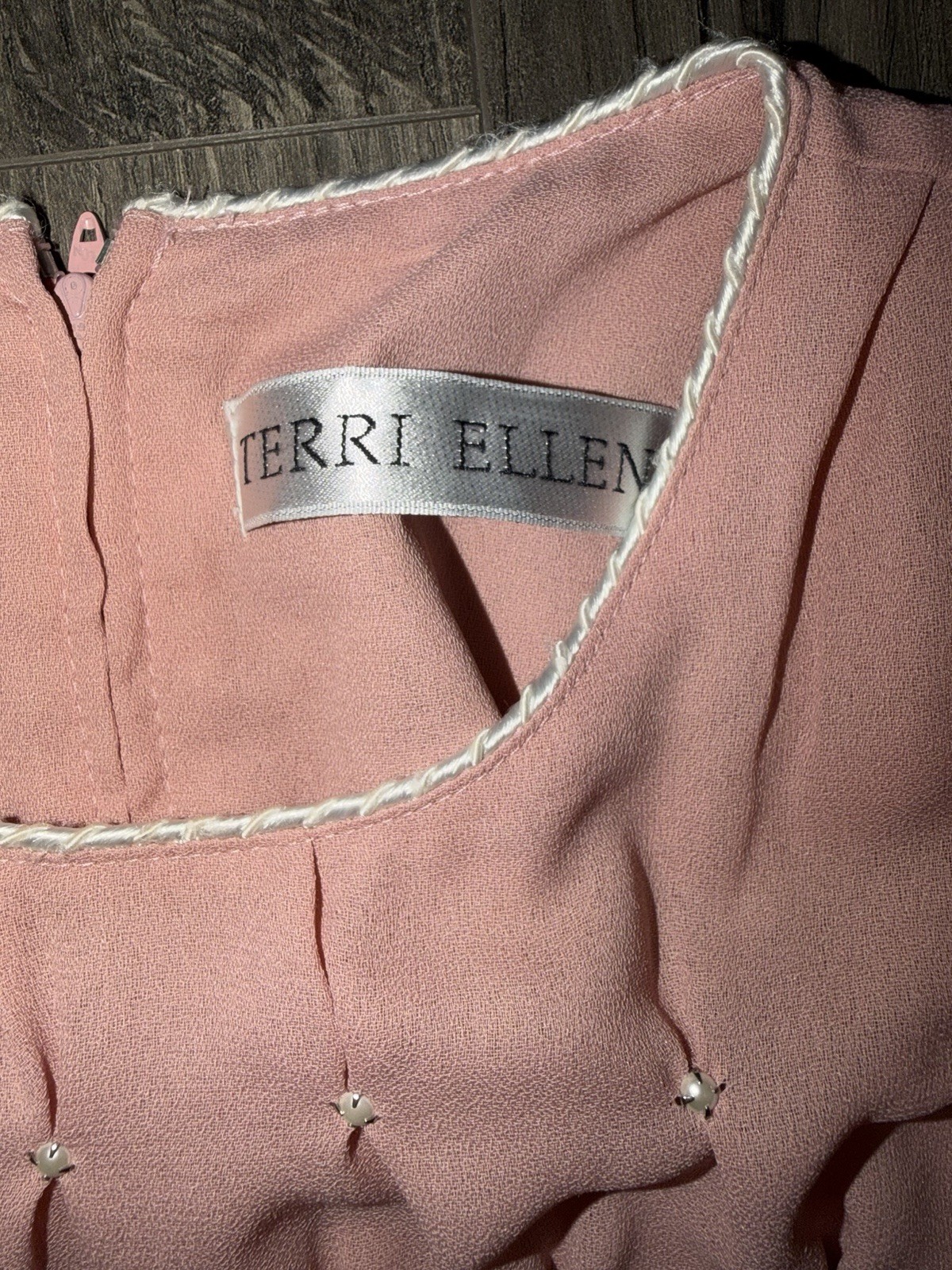 Terri Ellen Pink Solid Midi Dress Round Neck Puff Sleeve Beaded Zip