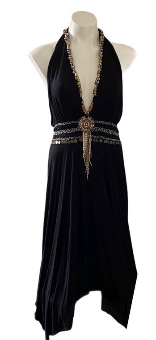 Black Boho Halter Midi Dress Beaded Necklace Chain Waist Festival Cocktail M