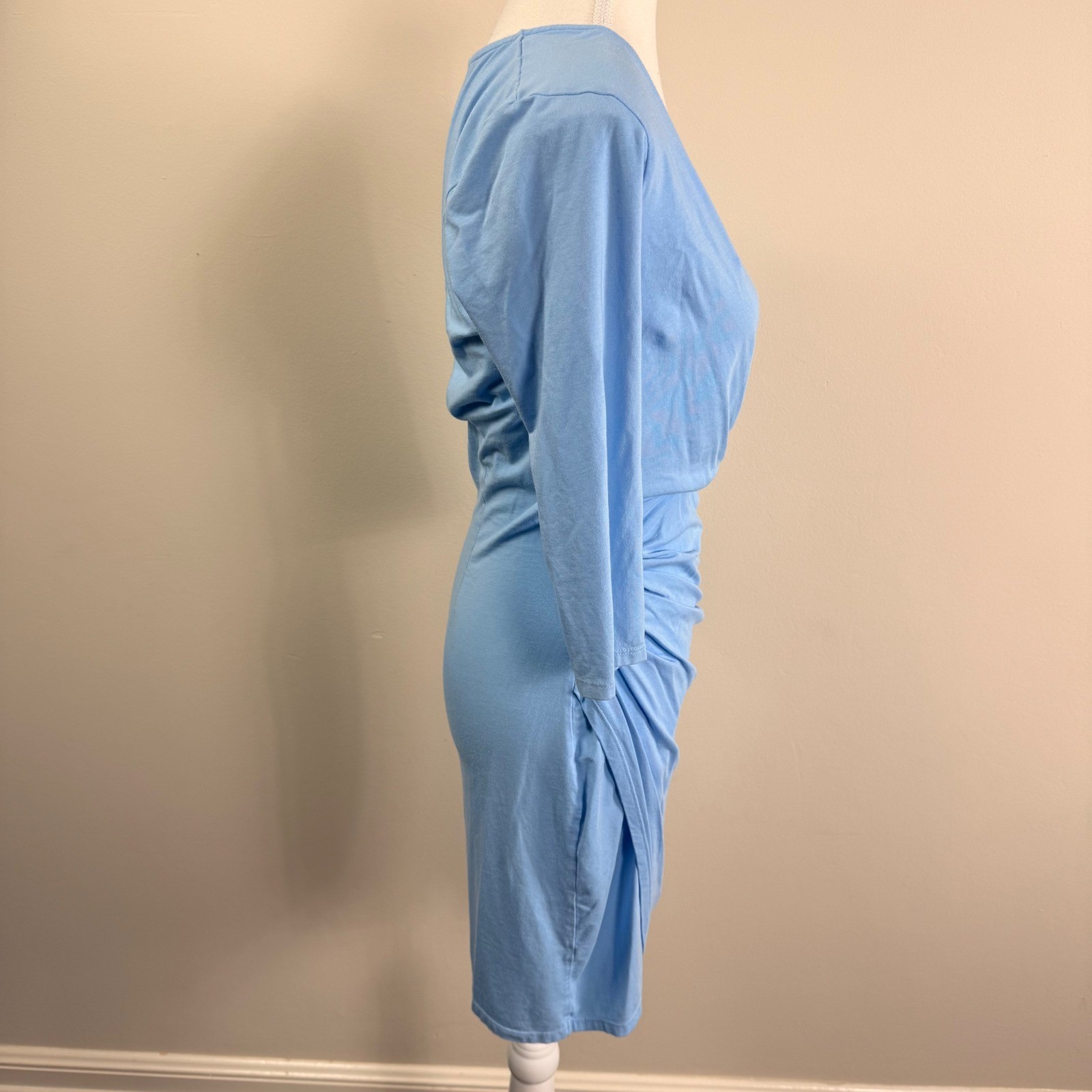 Bobi Los Angeles Womens Light Blue Ruched Faux Wrap V-Neck 3/4 Sleeve Dress Sml