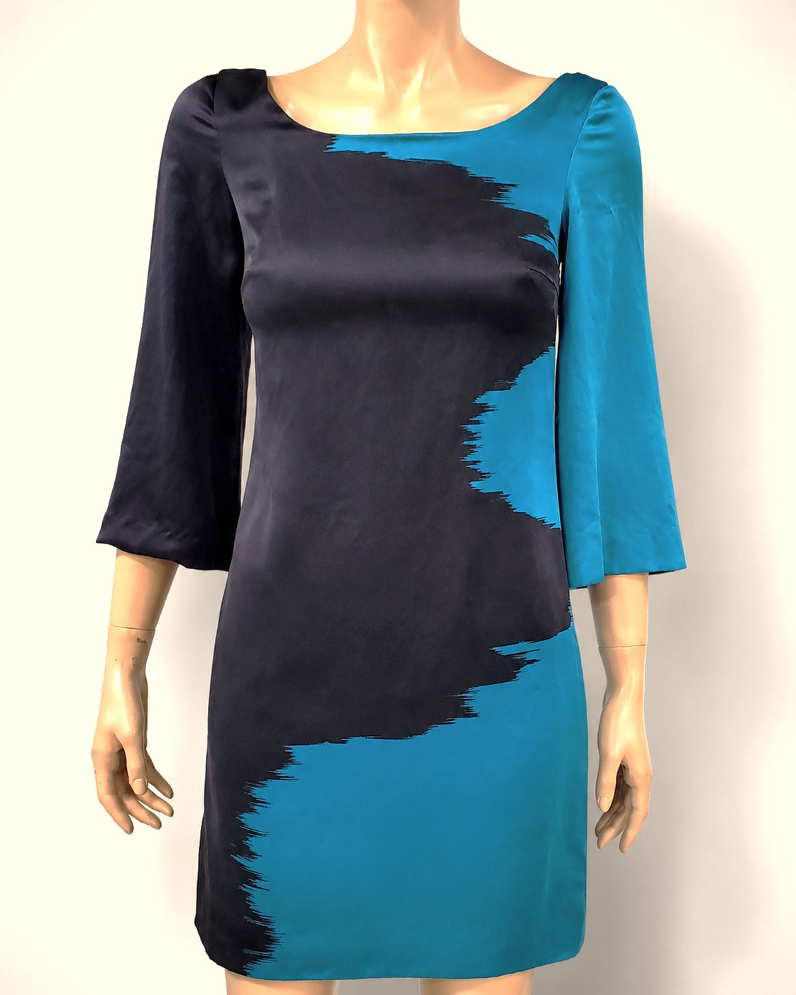 Jay Godfrey Artsy Silk Colorblock Shift Dress Blue Black 3/4 Sleeve Womens 0