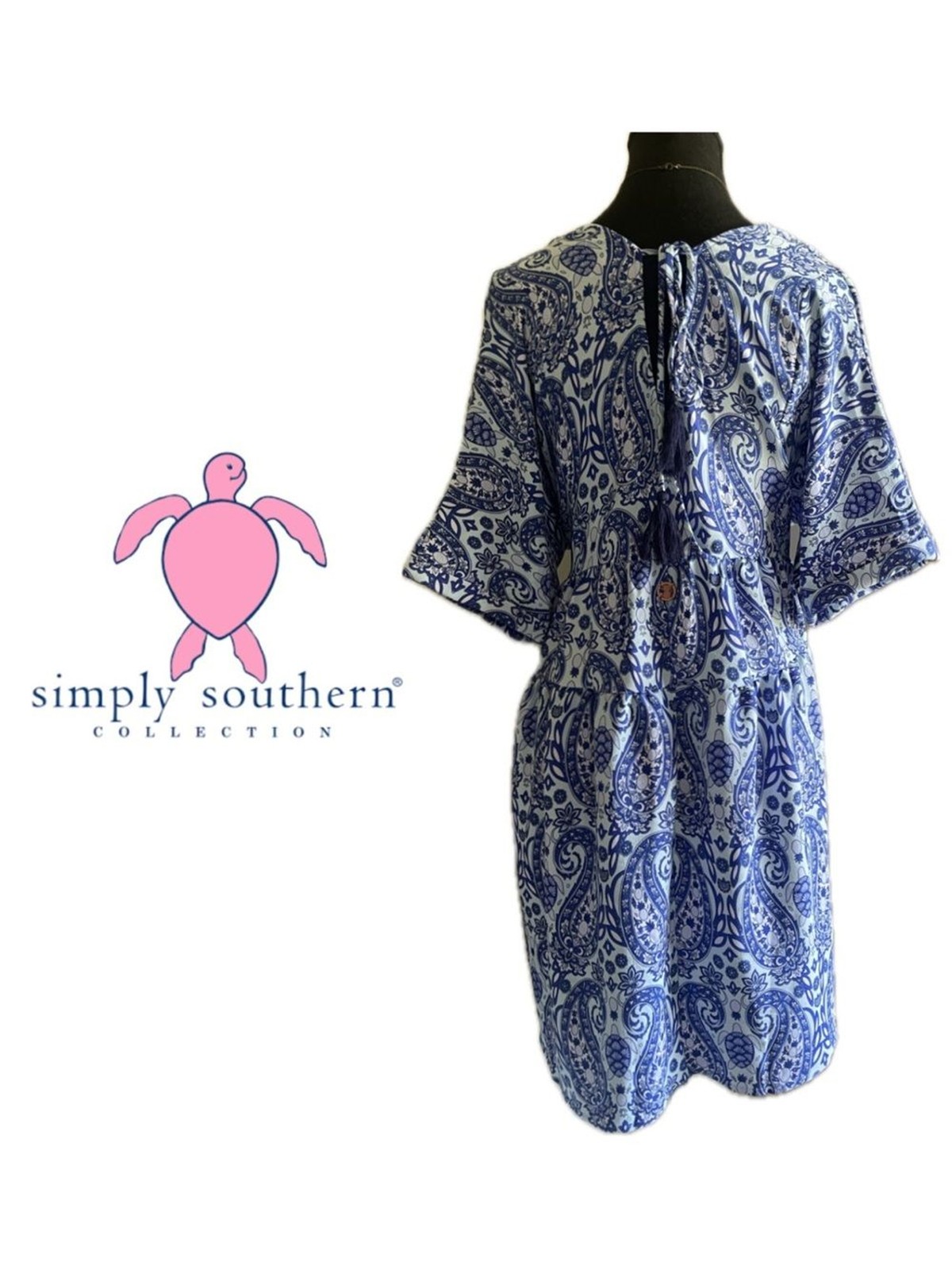 Simply Southern Sea Turtle Pineapple Blue Paisley Dress POCKETS Beach Coastal M