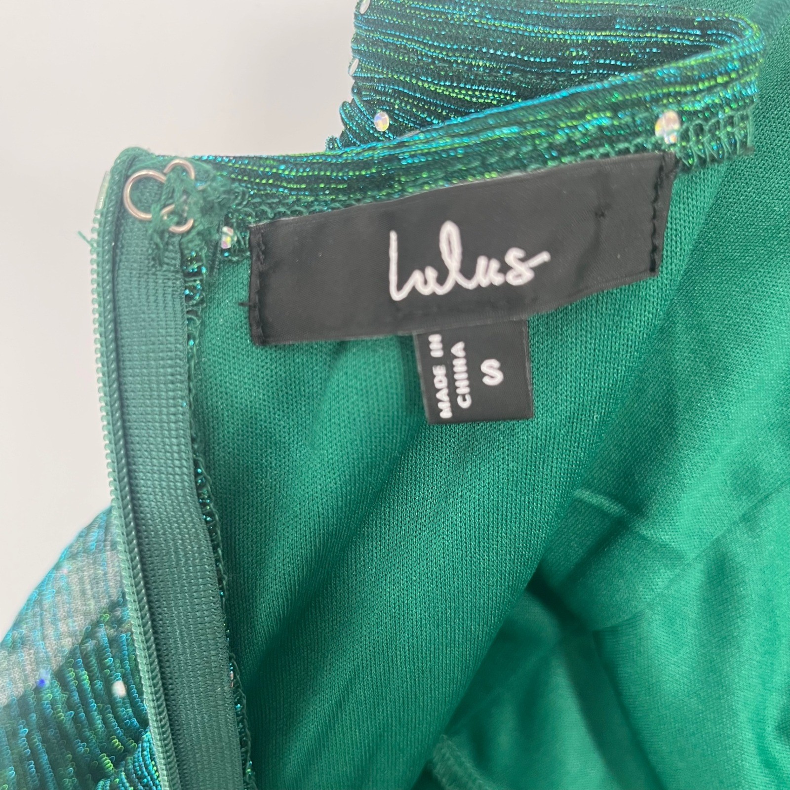 Lulus Mini Dress Womens 2 Green Ruched Rhinestone Glitter Party Bodycon