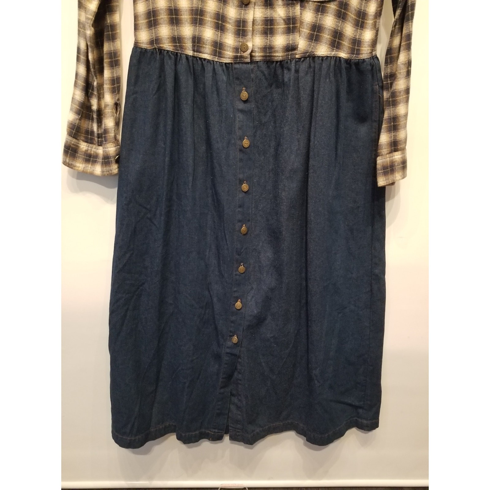 Vintage 90s Western Style Flannel Denim Dress Plaid Check Rodeo Style Size M
