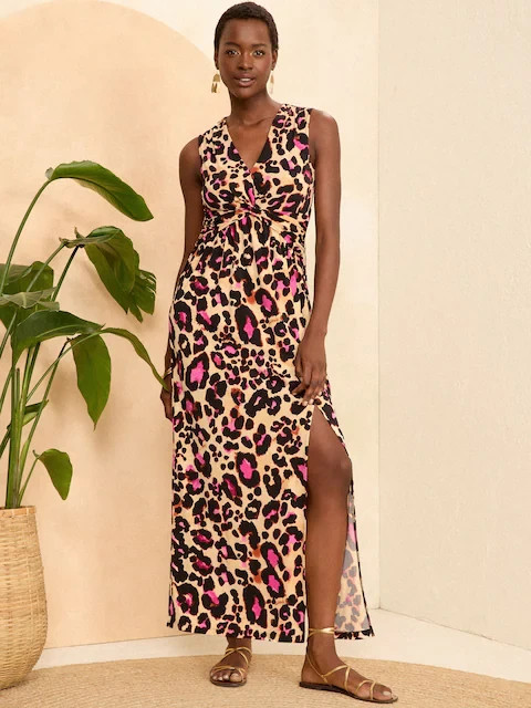 New Next Love & Roses Leopard Print Maxi Dress Size 18 Jersey Twist Holiday
