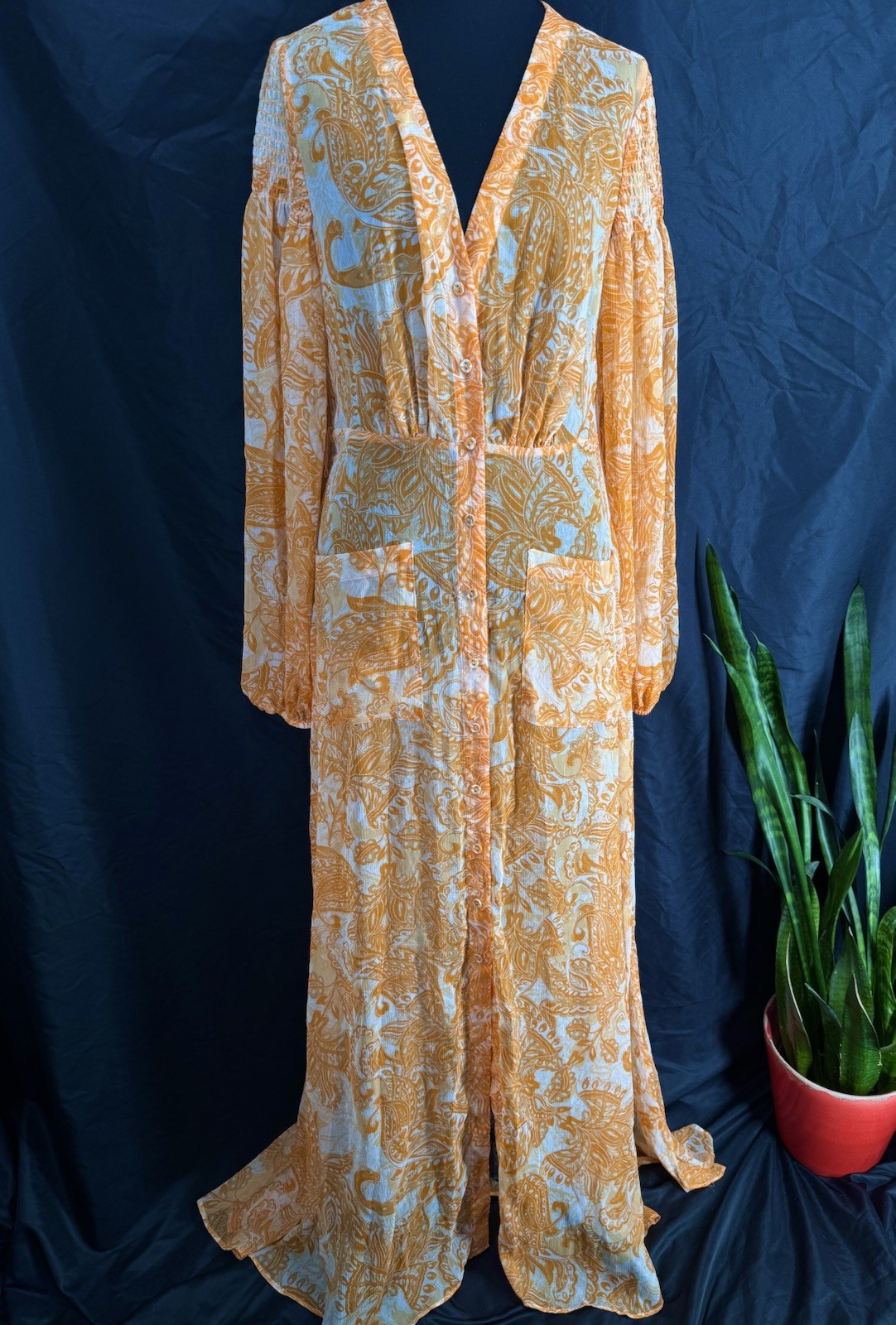 Sheer Gauze Paisley Maxi Dress S Beach Resort Swim Cover Up Button Front Pockets