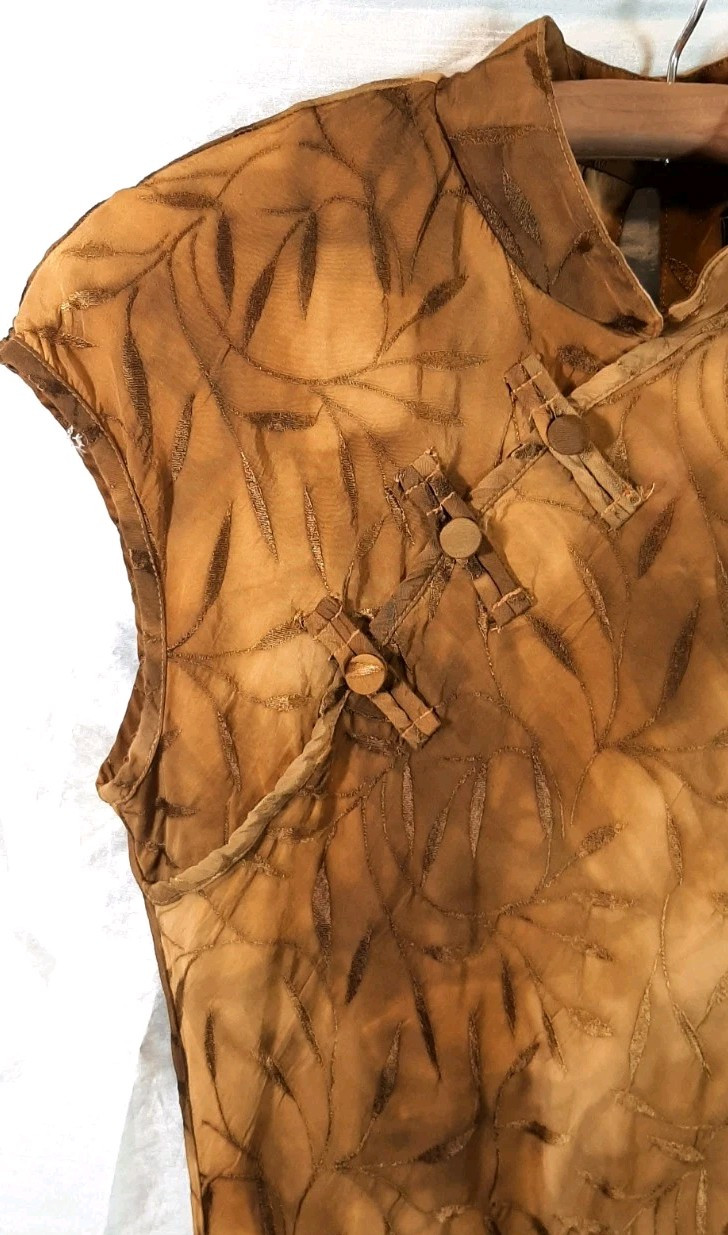 VTG MICHAEL BLAIR Sz14 Oriental Cheongsam Qipao Maxi Dress Mandarin Collar Brown