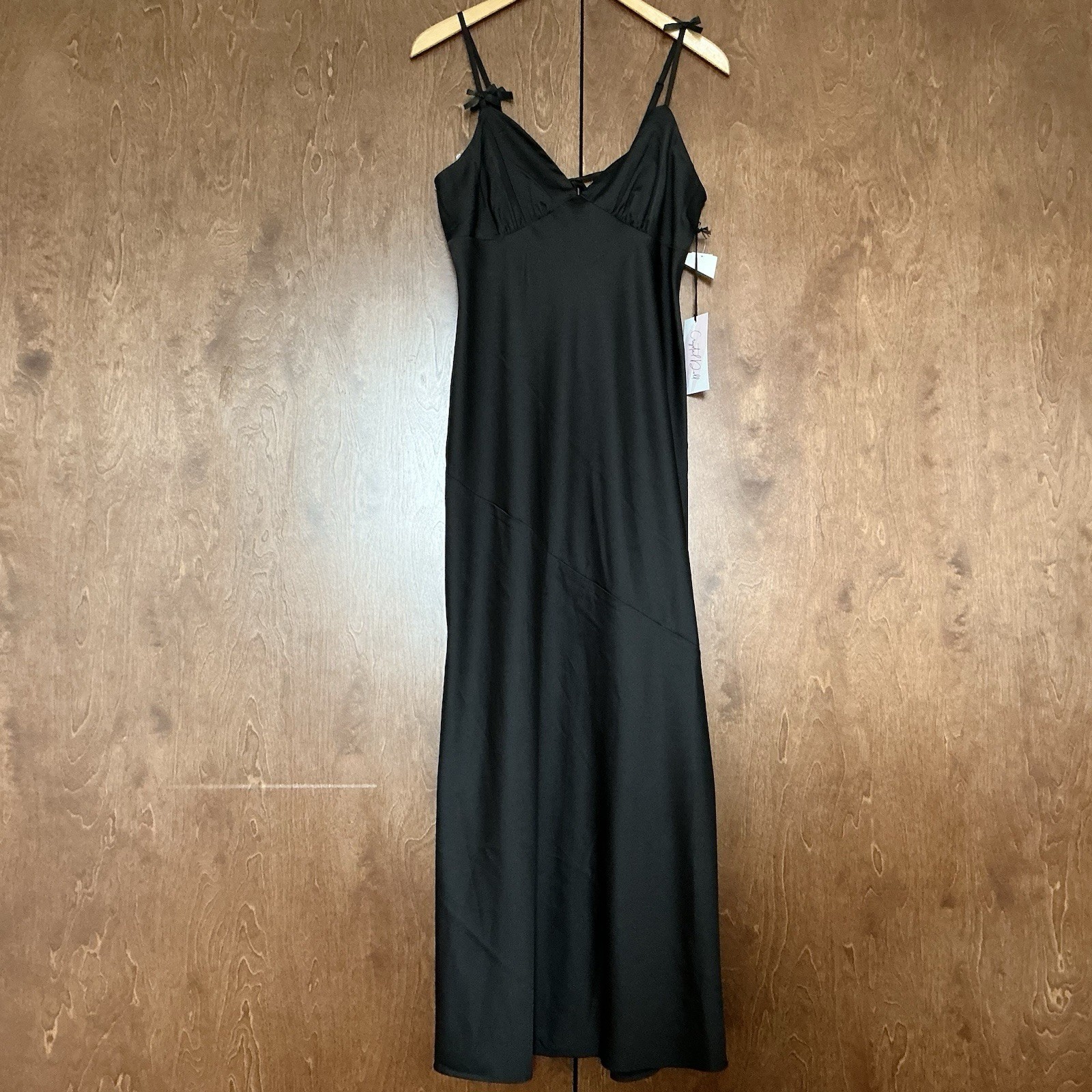 Crystal Doll Black Satin Maxi Slip Dress Bow Straps Size L Party Prom NWT $120