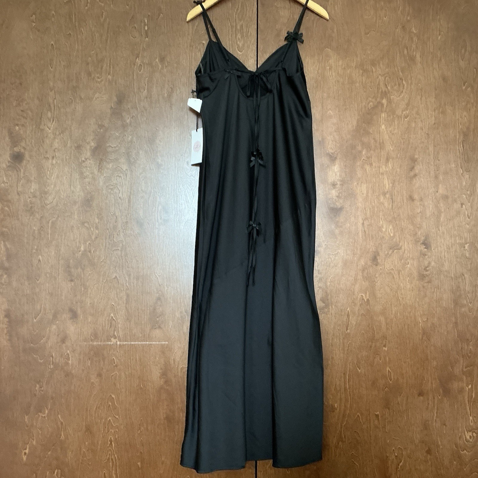 Crystal Doll Black Satin Maxi Slip Dress Bow Straps Size L Party Prom NWT $120
