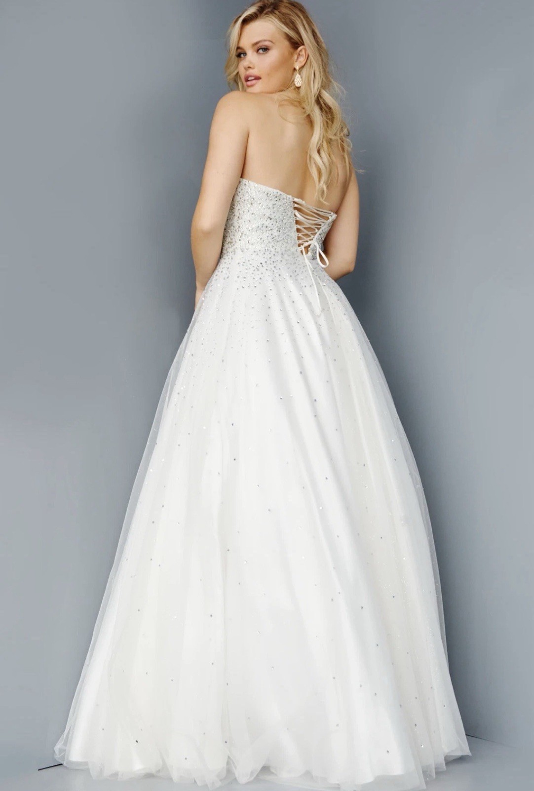 Jovani Strapless White Beaded Crystal Ball Bridal Gown Corset Dress Size 10