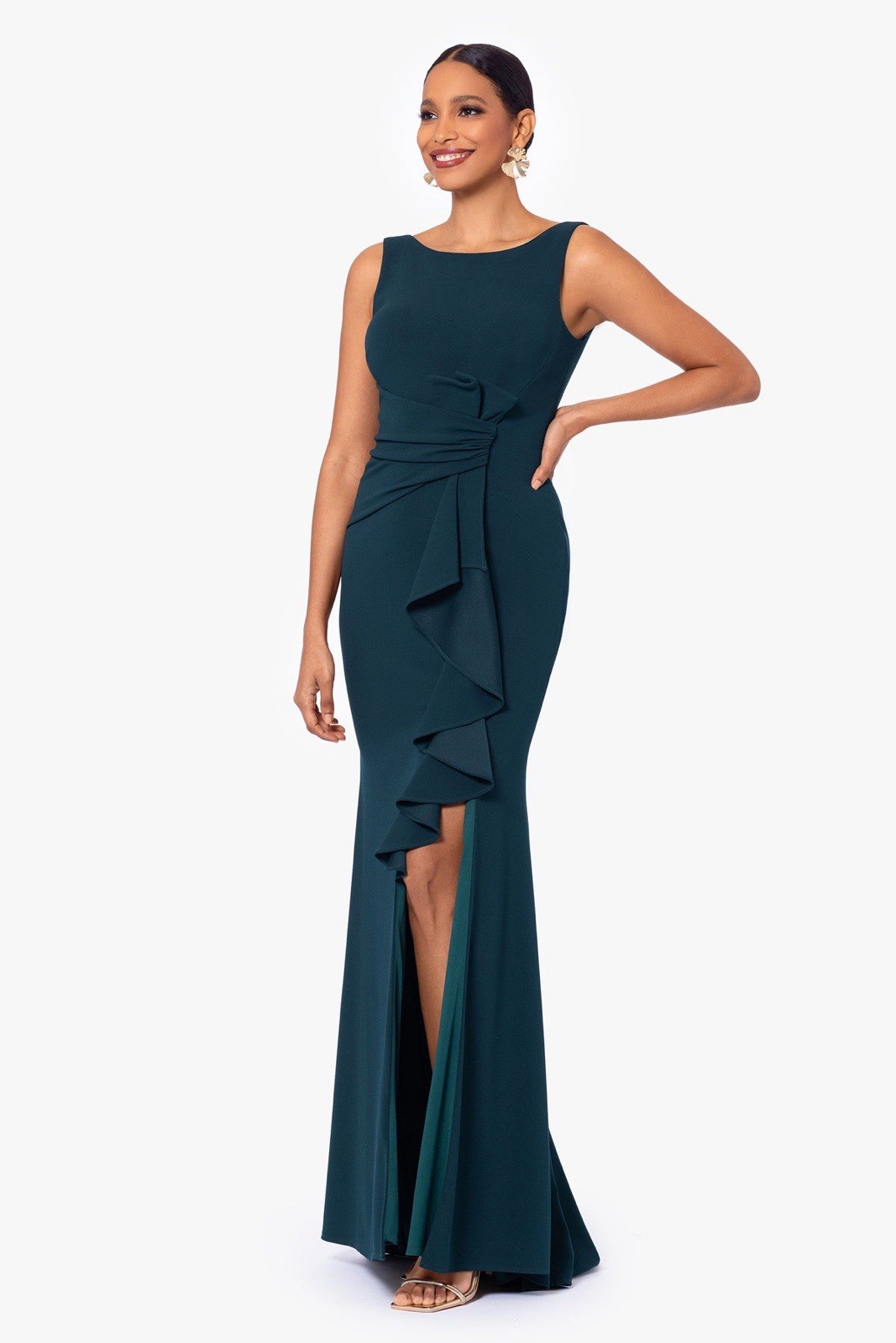 Betsy and Adam Christine Pine Green Scuba Crepe Ruffled Evening Gown Size 12 NWT