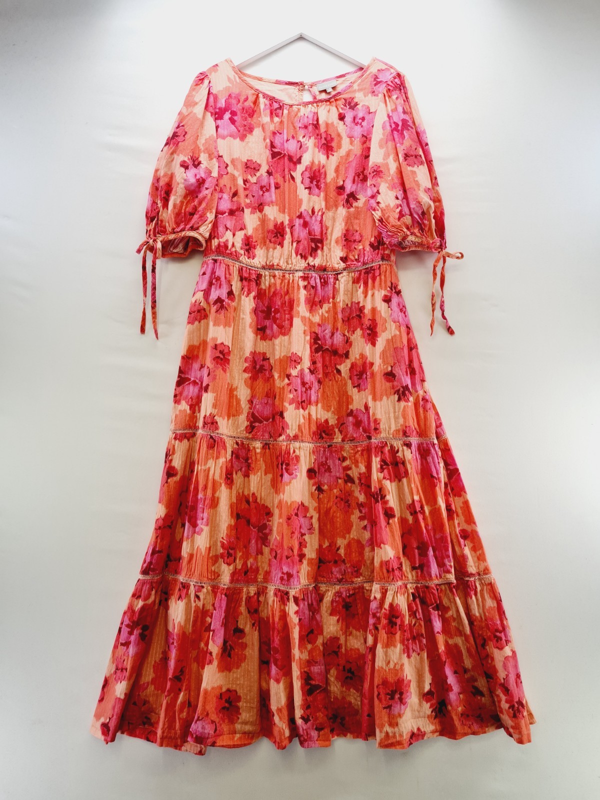 Oliver Bonas Dress Size 14 Pink Orange Floral Maxi Puff Sleeve Tiered Summer