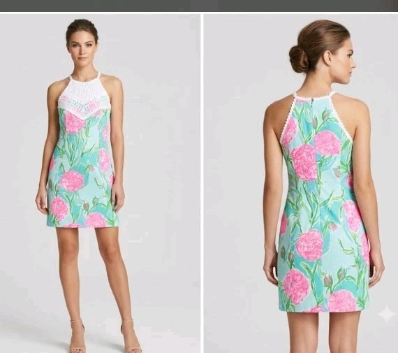 Lilly Pulitzer Pearl Shift Dress Size 6 Poolside Blue Crochet Lace Neck