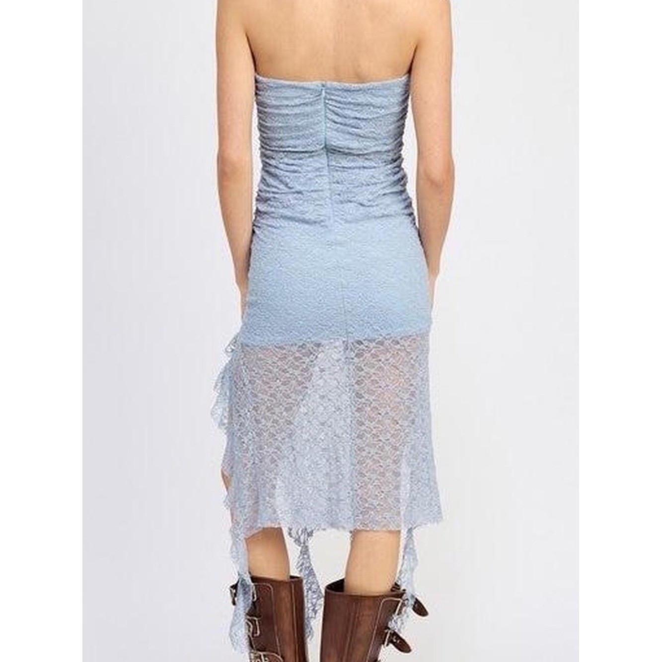 Pookie & Sebastian blue lace strapless, ruched bodycon asymmetrical hem dress