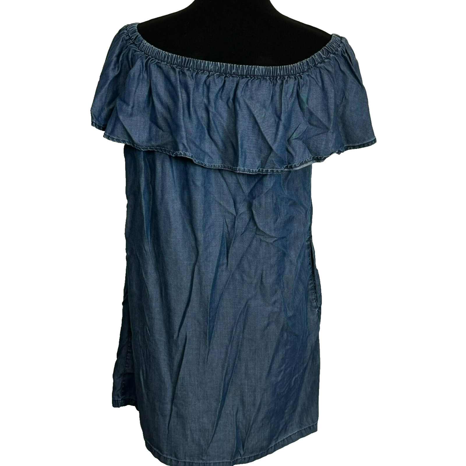 TOMMY BAHAMA | Size Small Off Shoulder Flounce 100% Tencel Denim Dress Pockets