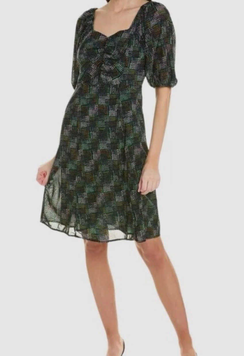 Cabi Women’s S Elaine Dress Smocked Puff Sleeve Stretch Sheer Lined