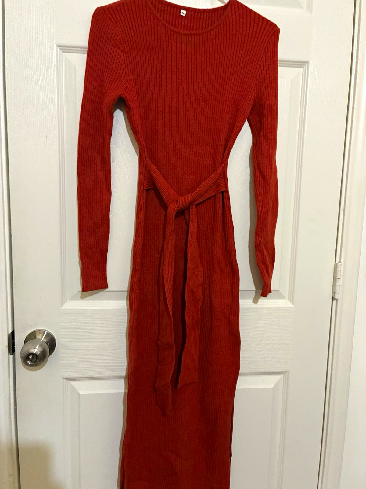 Rust Ribbed Knit Sweater Dress M Crew Neck Long Sleeve Belted Side Slit Stretch