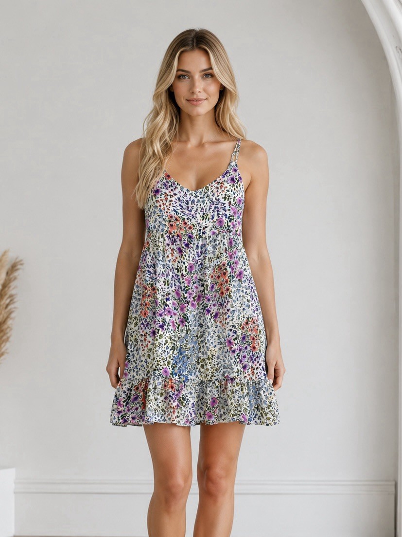 Everly Womens Floral Tiered Mini Dress Size Small Strappy Tie Back Summer Chic
