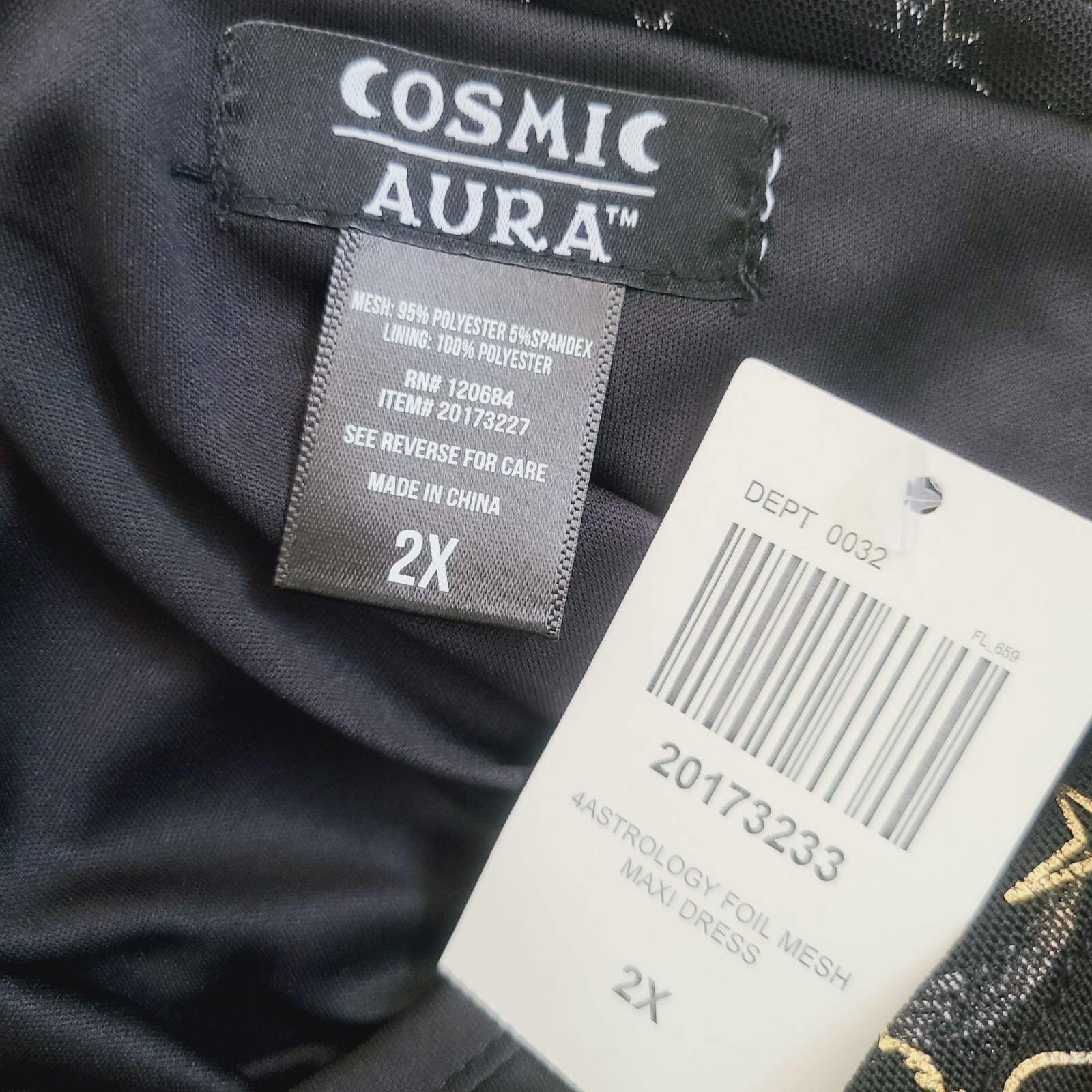 Cosmic Aura Astrology Celestial Stars Moon Foil Mesh Maxi Dress Plus Size 2X Bla