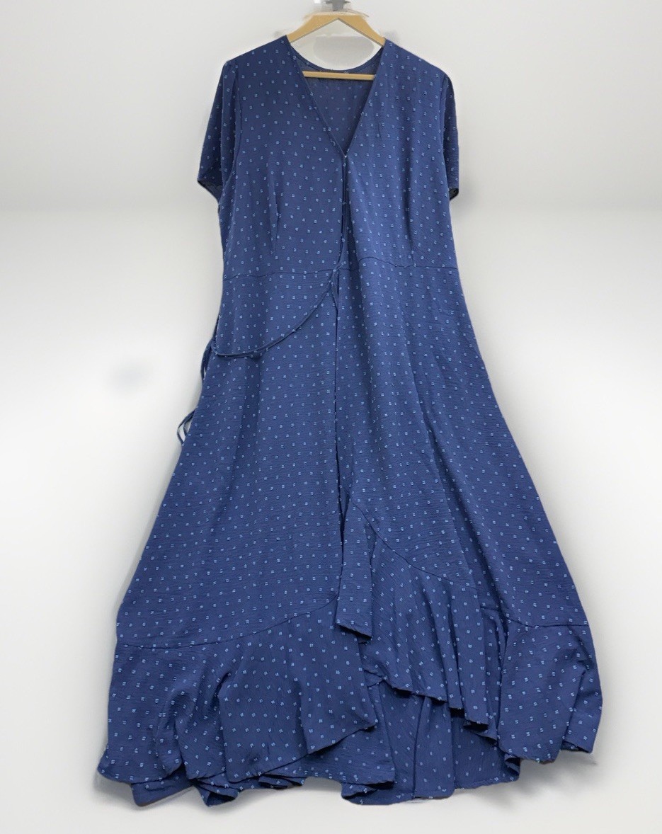 PrettyGarden Womens XL Blue Polka Dot Wrap Maxi Dress Short Sleeve Boho