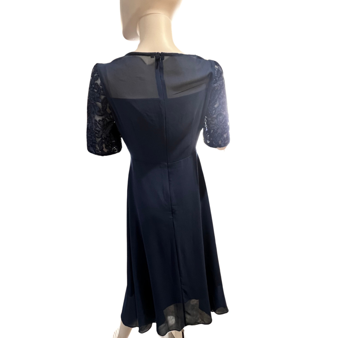 TS Conture Dress S Navy Blue Tea Length Embroidered Lace Bodice Chiffon Skirt