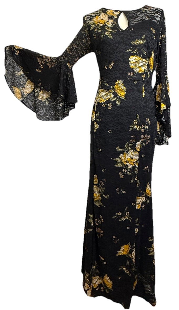 Women’s Whimsigoth Black Floral Lace Sheer Sleeve Long Mermaid Dress Witchy Sz M
