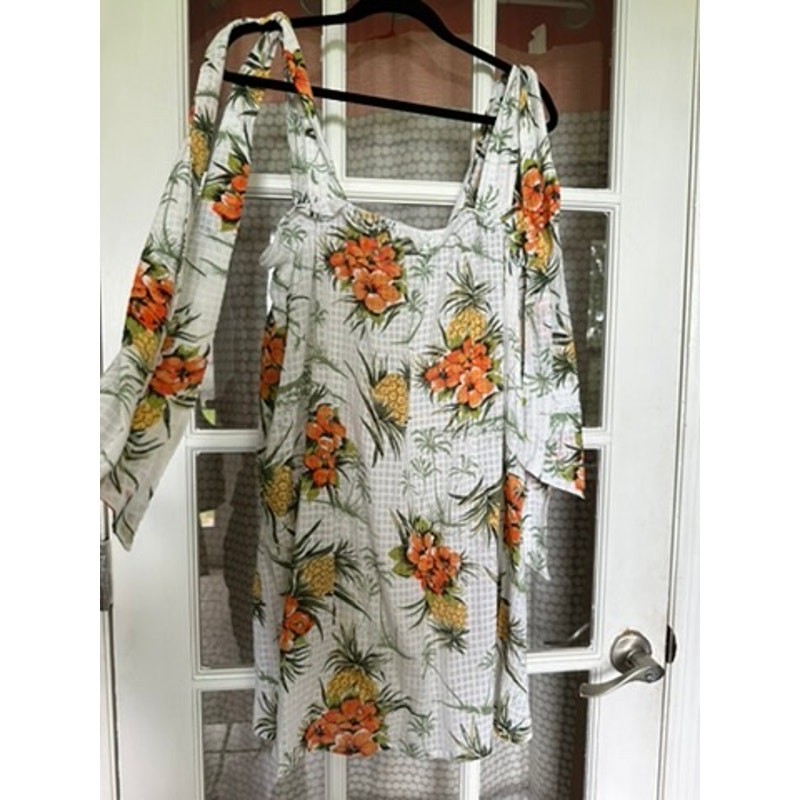 NWT ASOS tropical hibiscus and pineapple white cotton tie-strap sundress