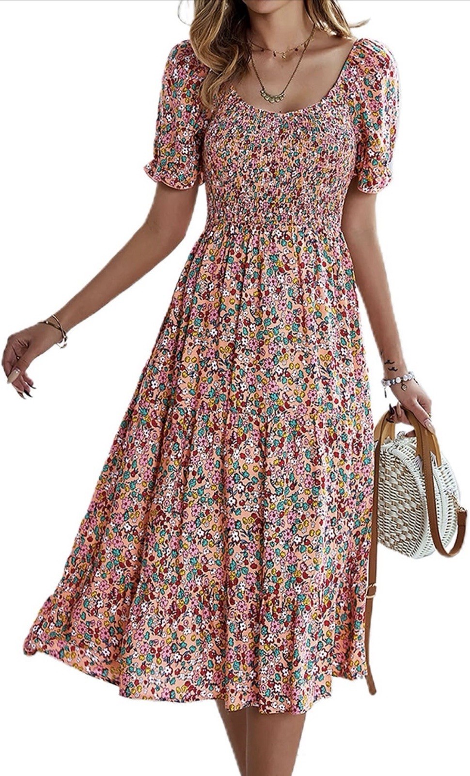 Chic Floral Smocked Puff Sleeve Square Neck Midi A-Line SunDress M Lined