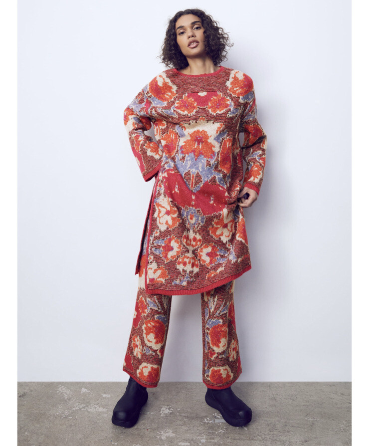 ZARA Floral JACQUARD KNIT Tunic Sweater Jumper Baggy & Straight Leg Pants Set S