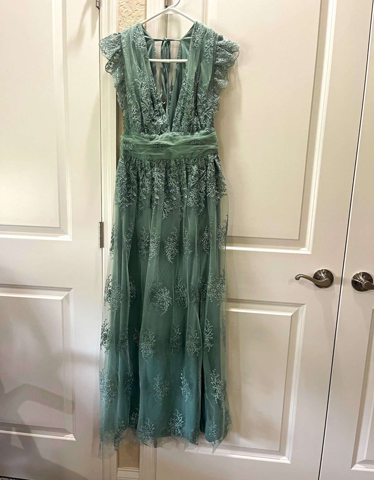 Green Floral Embroidered Lace Tulle V-Neck Lined Maxi Dress Cap Sleeve M