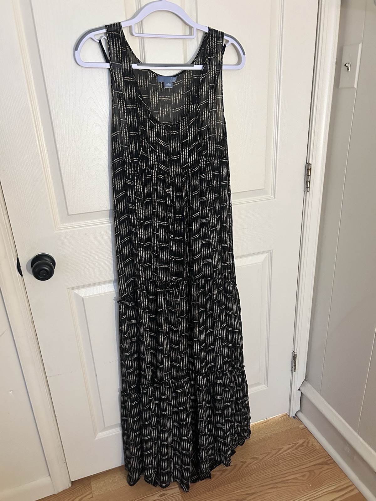 100% Silk Maxi Dress Size 12 Black And Cream Tiered Skirt Geometric Neutral