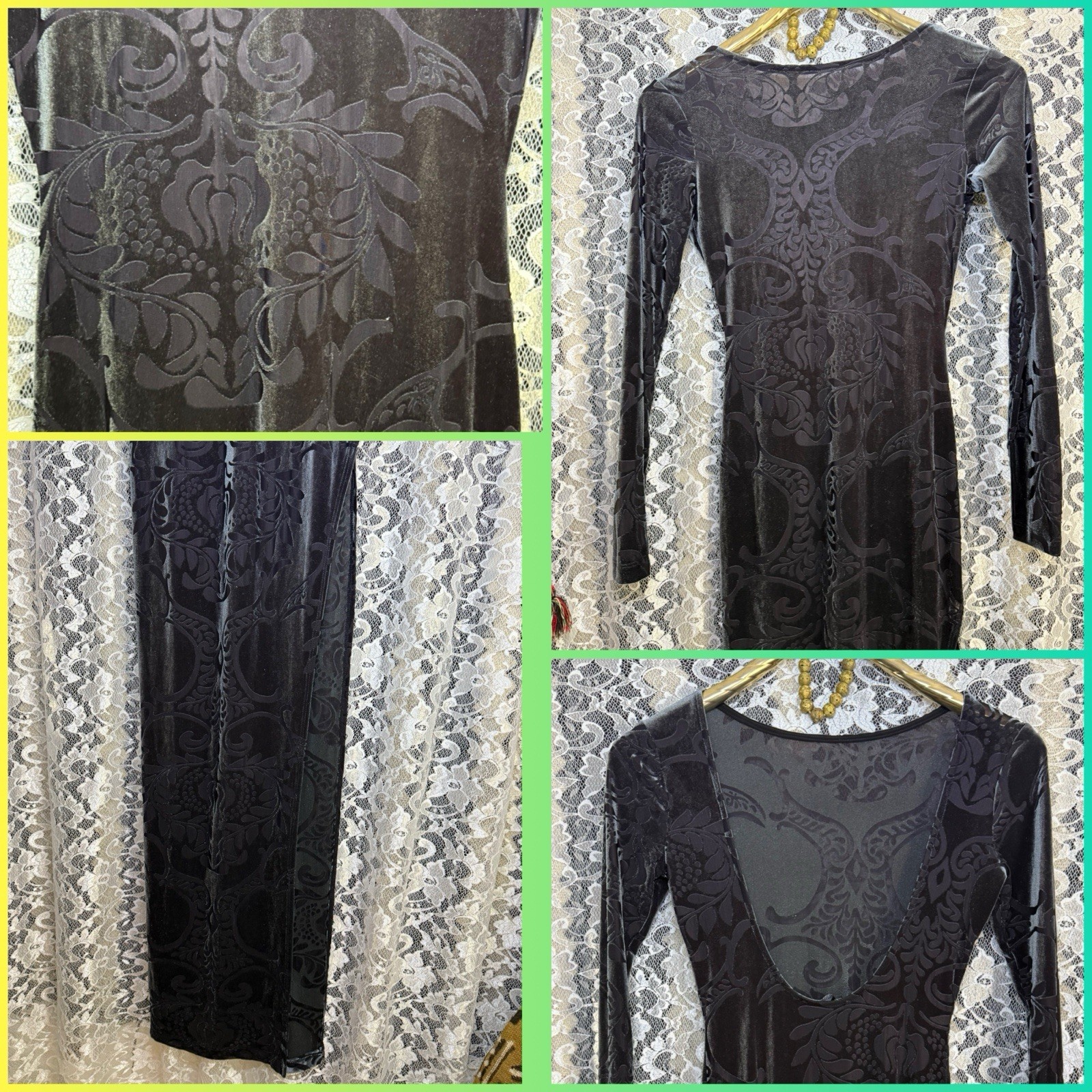 NWOT burnout velvet paisley stretch fabric high slit low back dark gray sheer