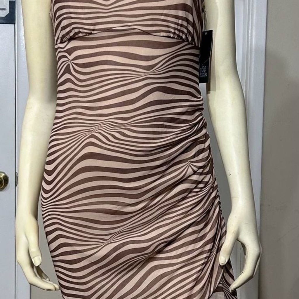 Wild Fable Sleeveless Ruched Mesh Asymmetrical Midi Dress in Brown Zebra Print