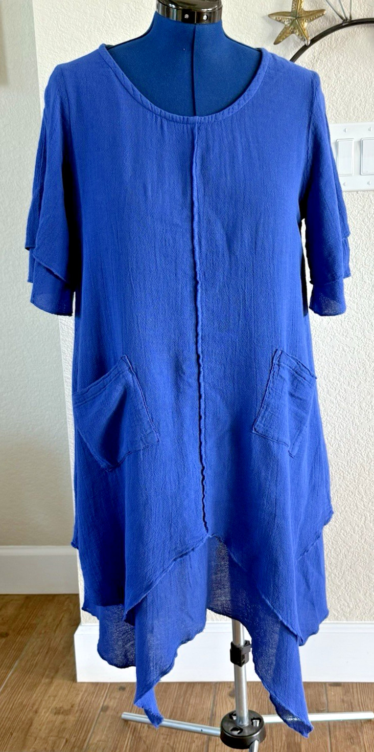 Sea Breeze of CA Blue Sharks Bite Tiered Dress Sz M Cotton Gauzy Lagenlook Boho