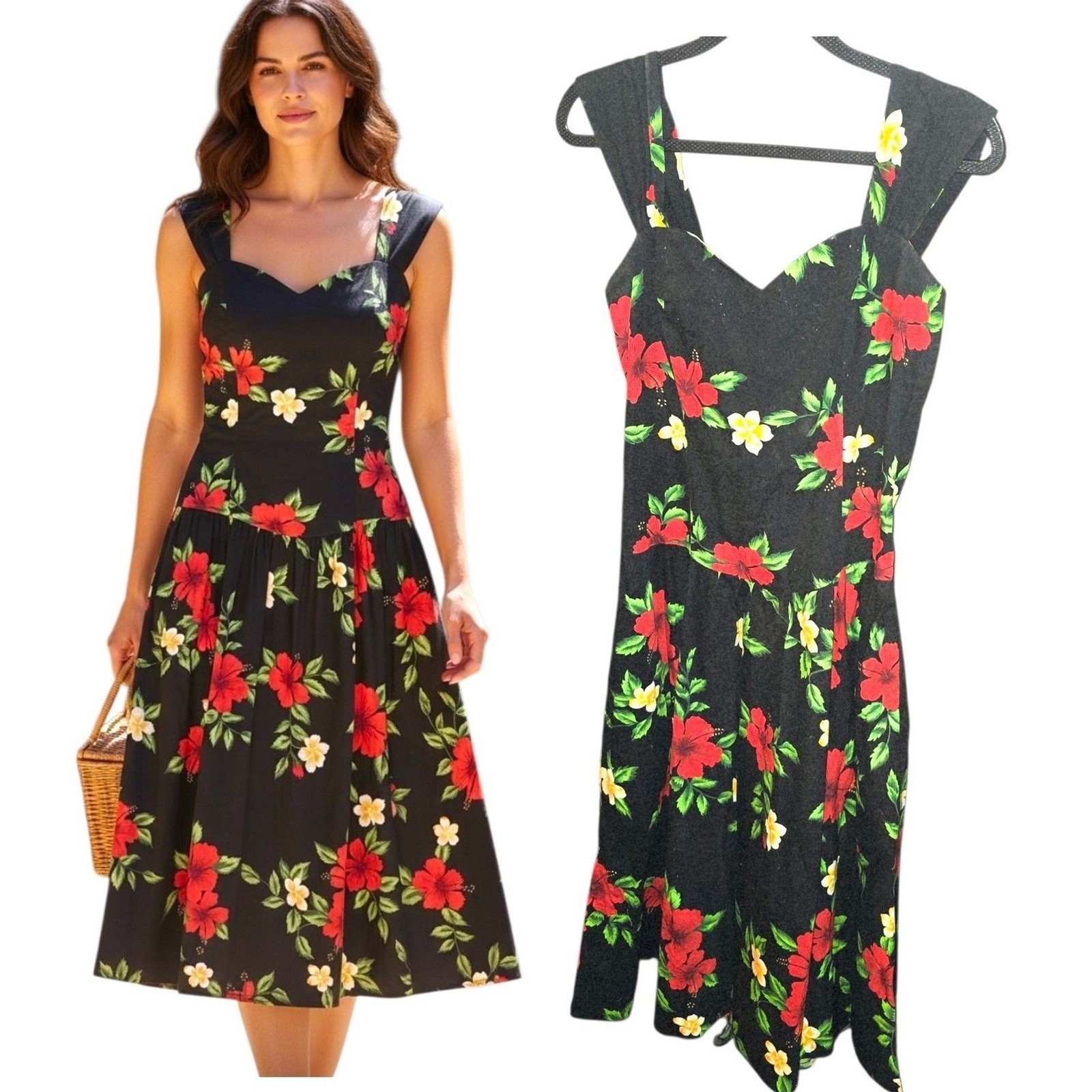 Royal Creations Sz XL Vintage Black Red Hibiscus Hawaii Smocked Back Zip Dress