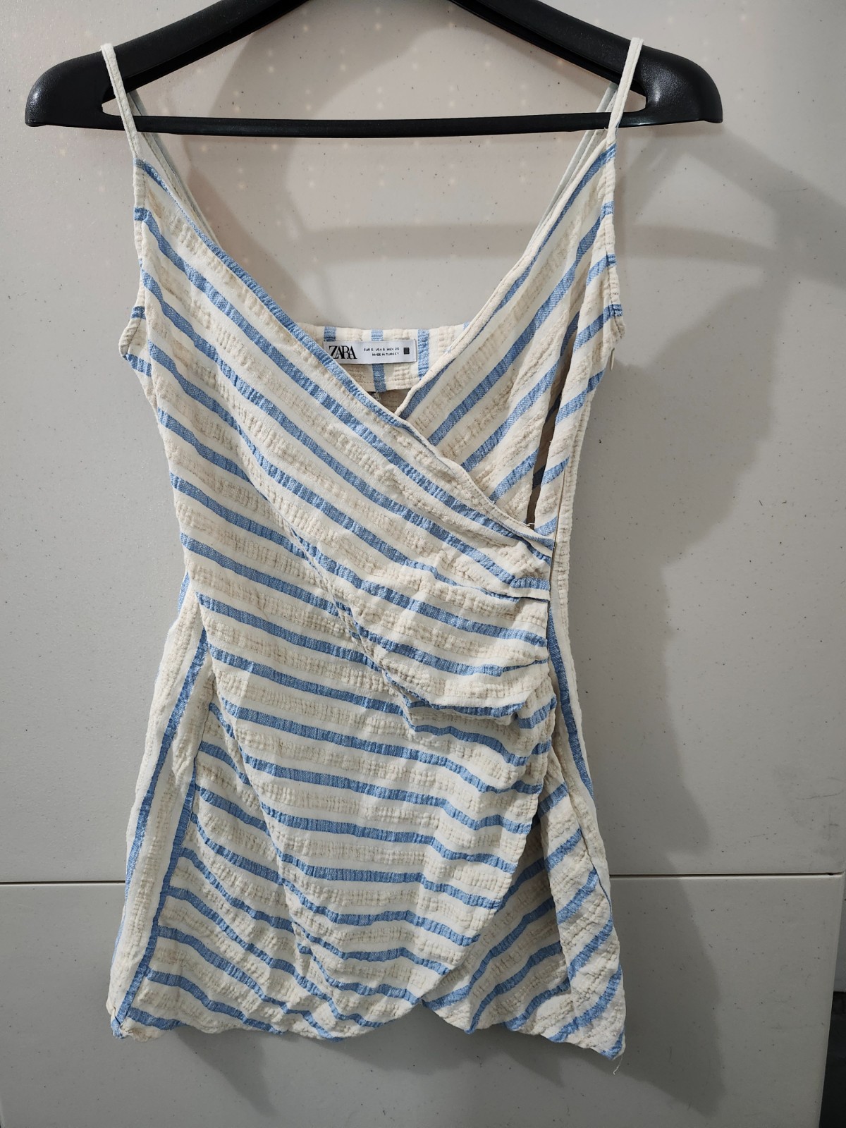 Zara Dress Womens S Blue Tan Mini Strap Cami Faux Wrap Seersucker Crinkle Stripe