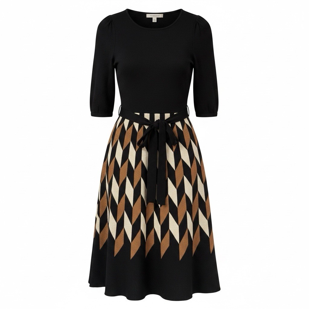 Julian Taylor – Sweater Knit Dress – Medium – Black/Tan Short Sleeve PRE-OWNED