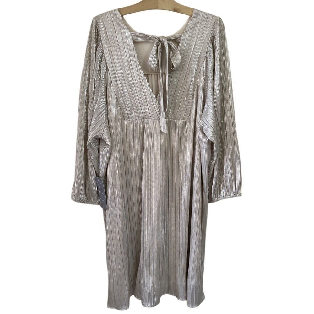 Daniel Rainn Silver Metallic Plisse Long Sleeve Tie Back Shift Dress XXL NWT