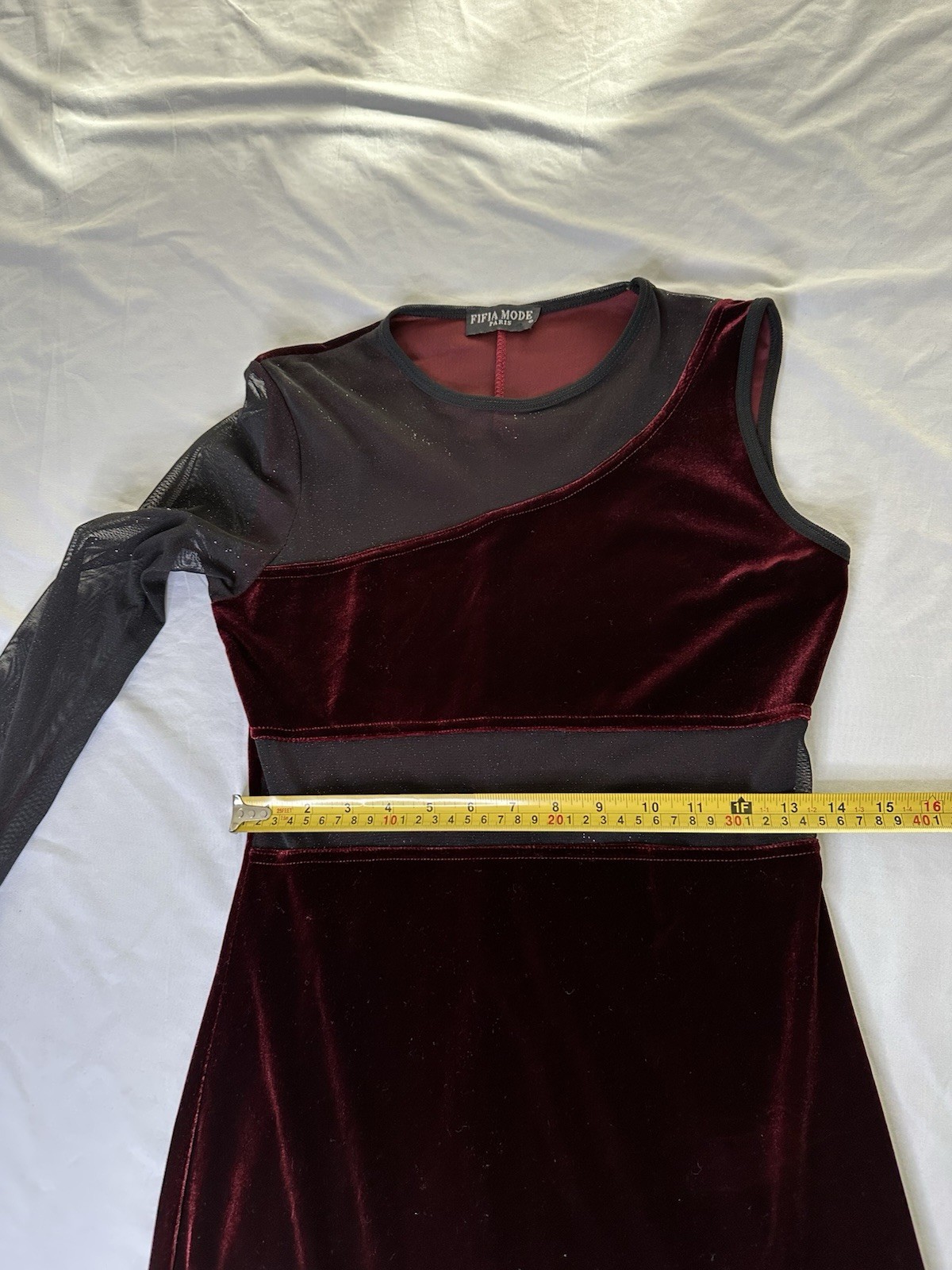 Paris Velvet Mesh Asymmetrical Mini Dress Burgundy One Sleeve Bodycon Dress S