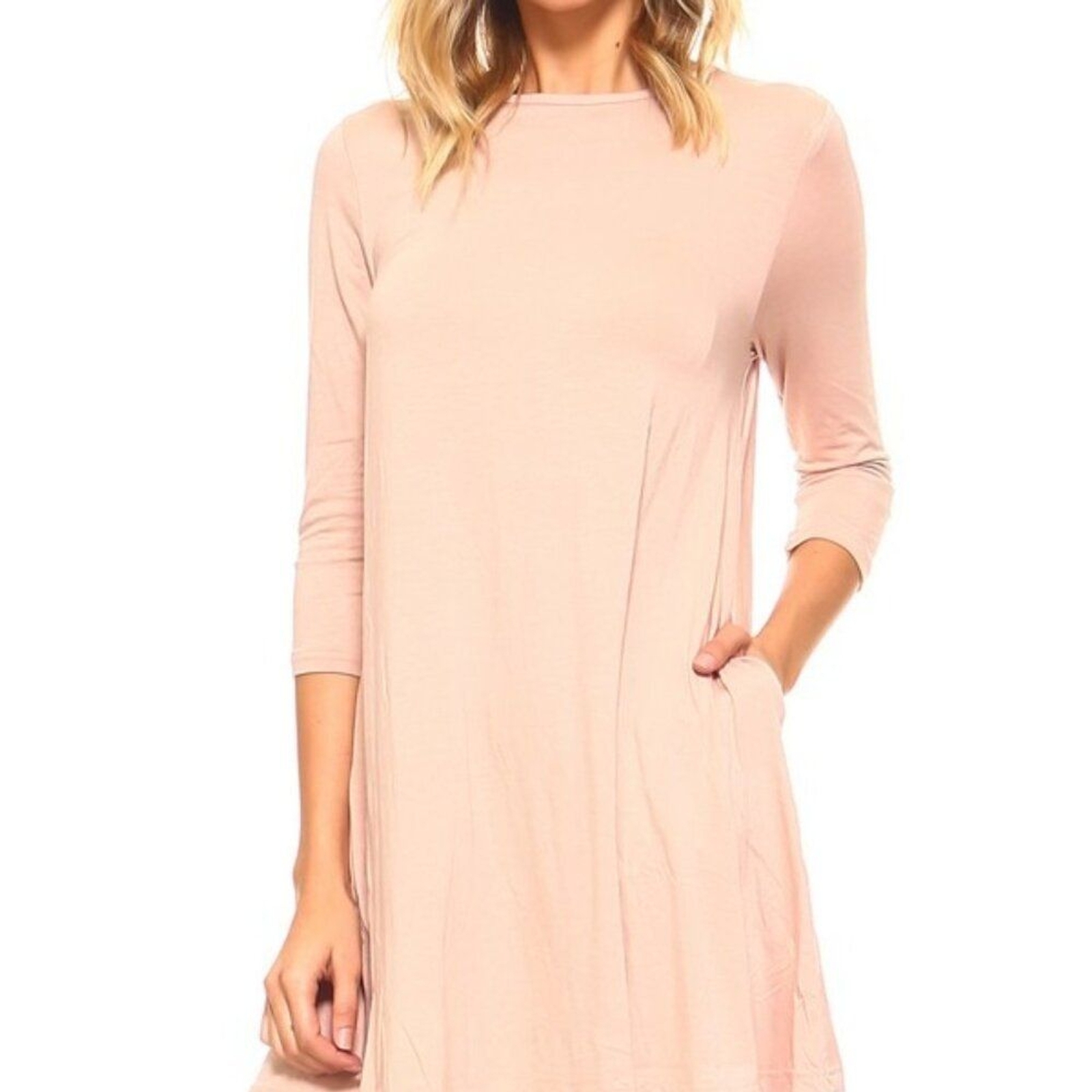 YELETE Large Elbow Sleeve Jersey Stretch Knit Pockets Trapeze Tunic Mini Dress