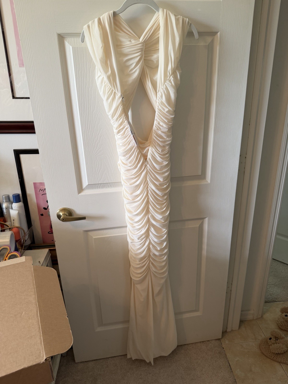 Ronny Kobo Ivory Ruched Cutout V-Neck Sleeveless Long Gown Dress Women’s M