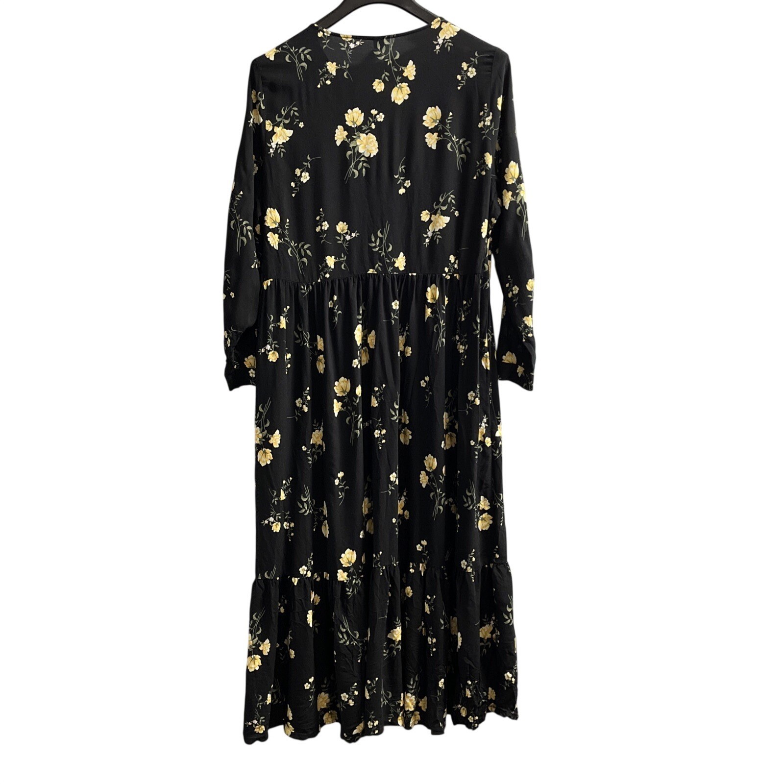 Old Navy Dress Womens XL Black Yellow Floral Roses Tiered Maxi Cottagecore