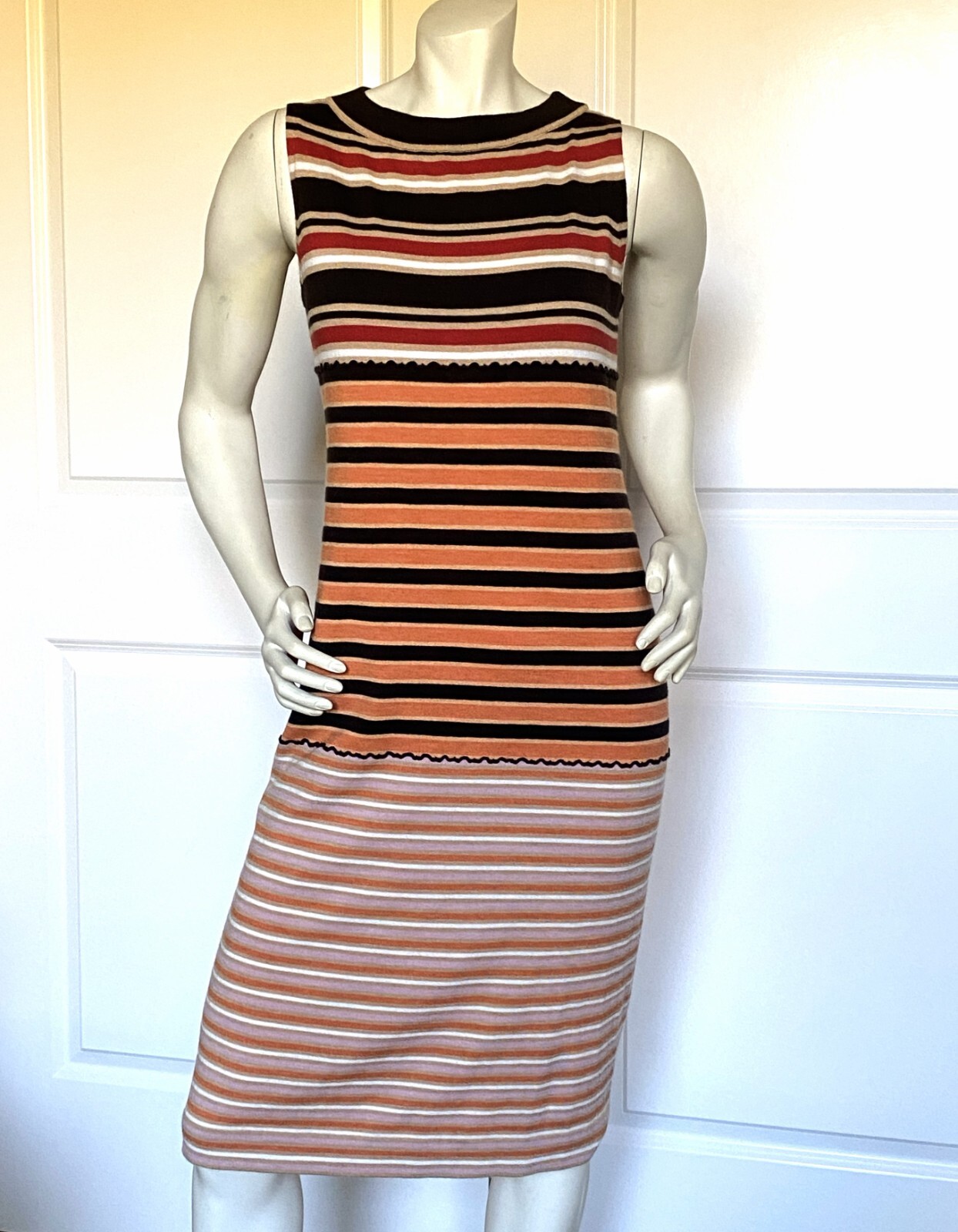 MARNI WOOL BLEND STRIPE MULTICOLOR SHEATH MIDI CALF DRESS SIZE: M