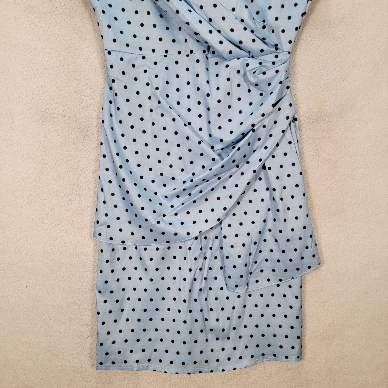 Sky Blue Polka Dot Stretch Pleated Mock Wrap Sheath Elegant Women Dress Size S